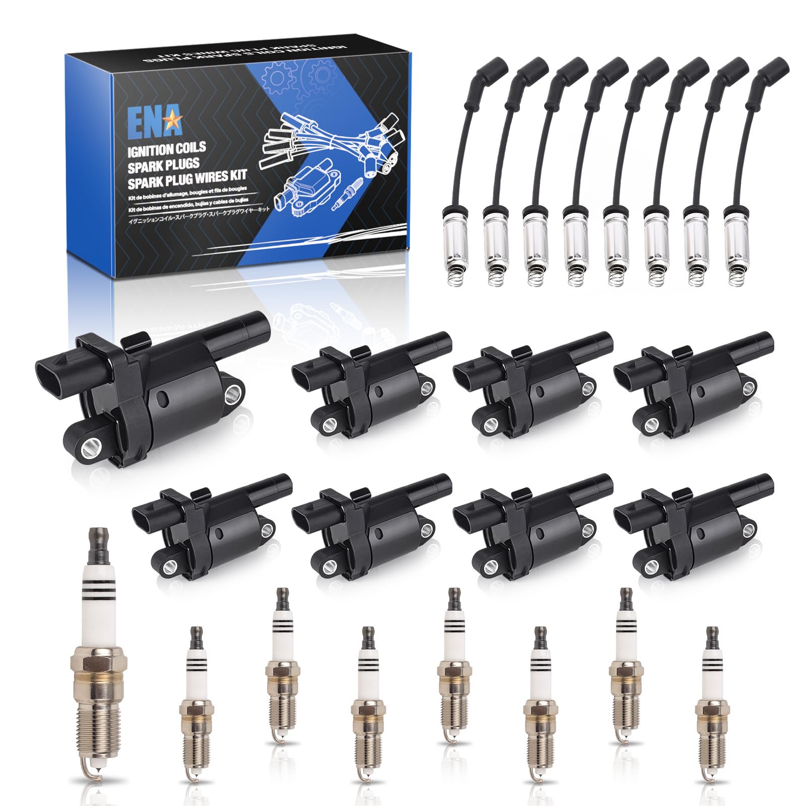 ENA front packaging showing 8-coil, plugs and wires kit for quick replacement