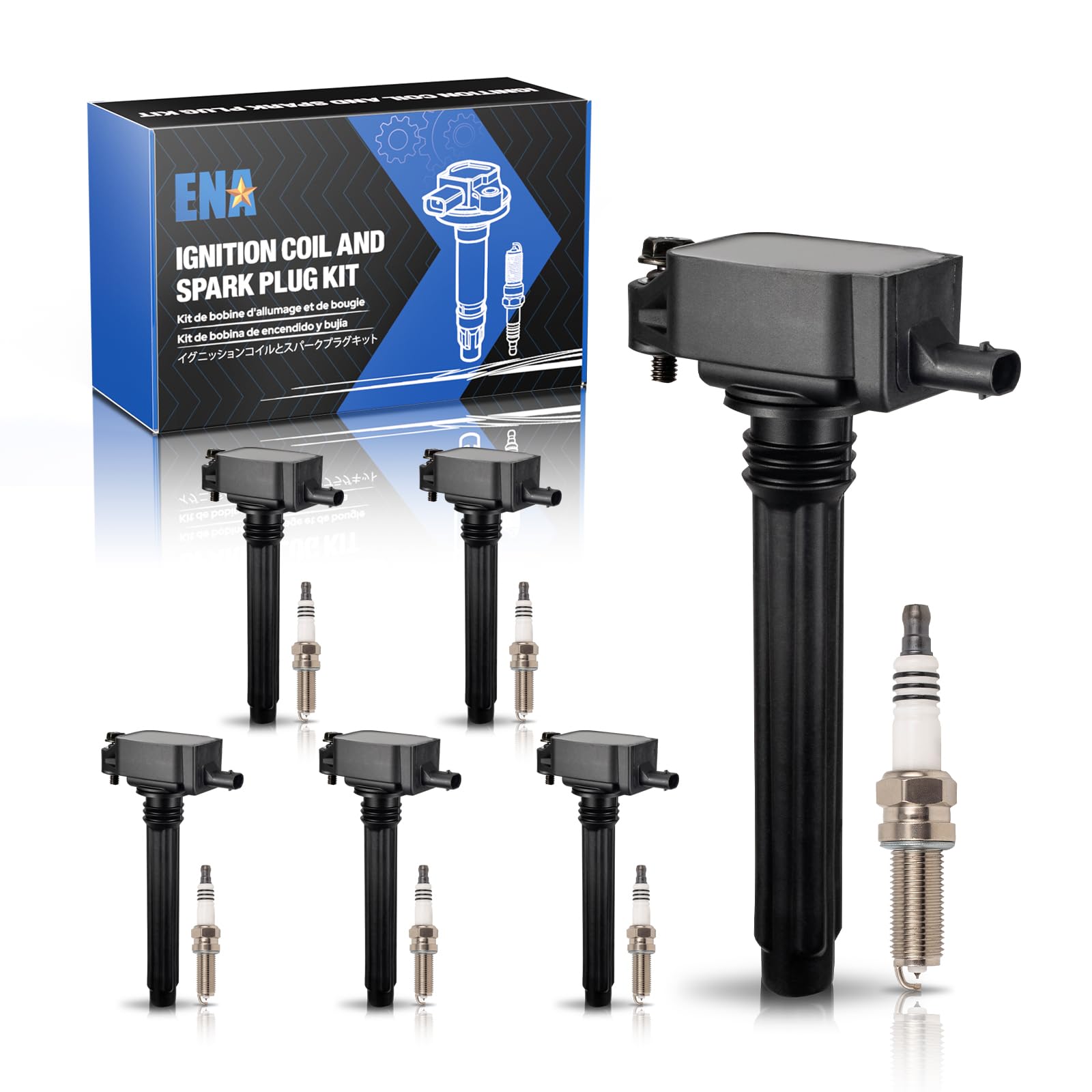 ENA front packaging showing complete coil and plug kit benefits