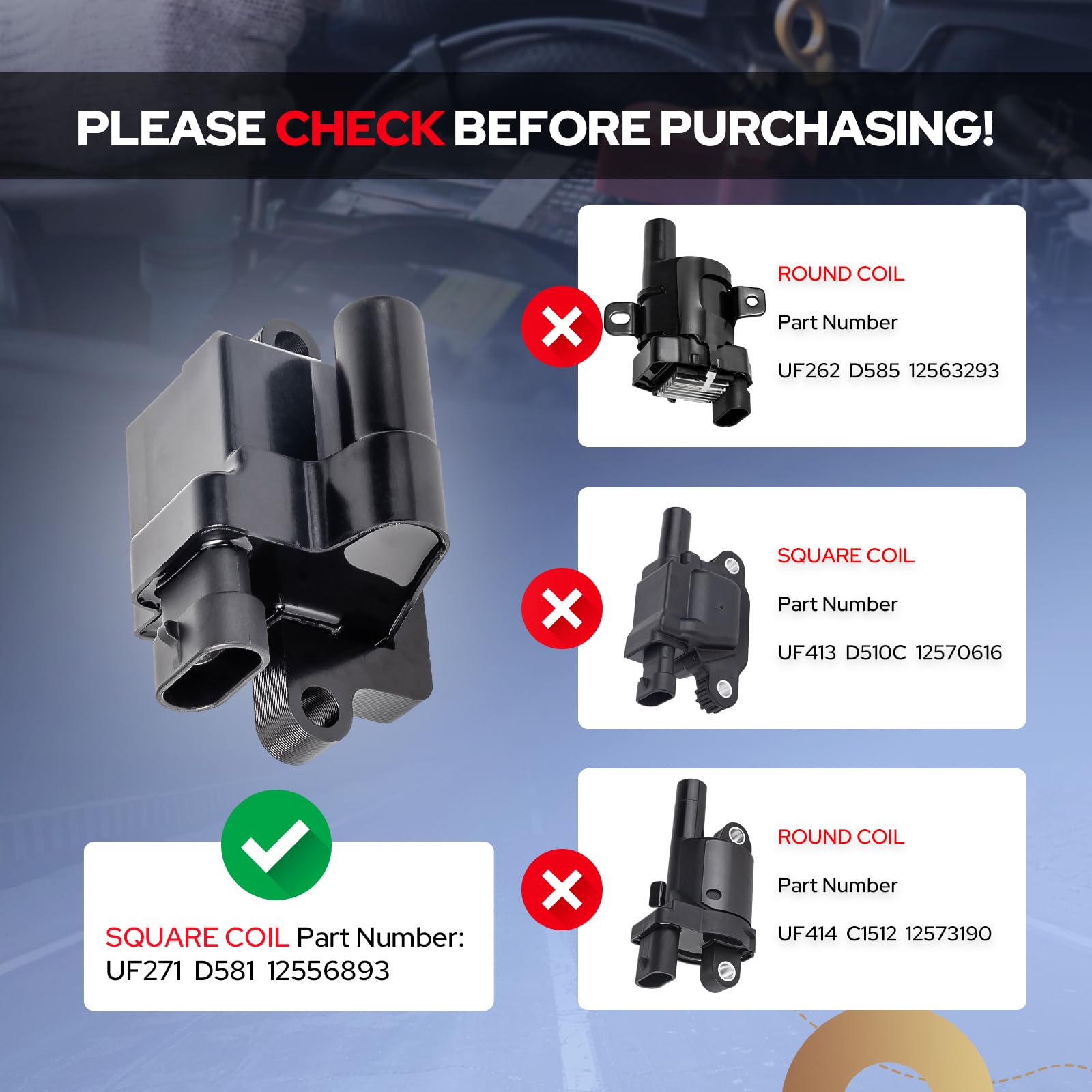 ENA ignition coil top label with part number and clear verification for correct match