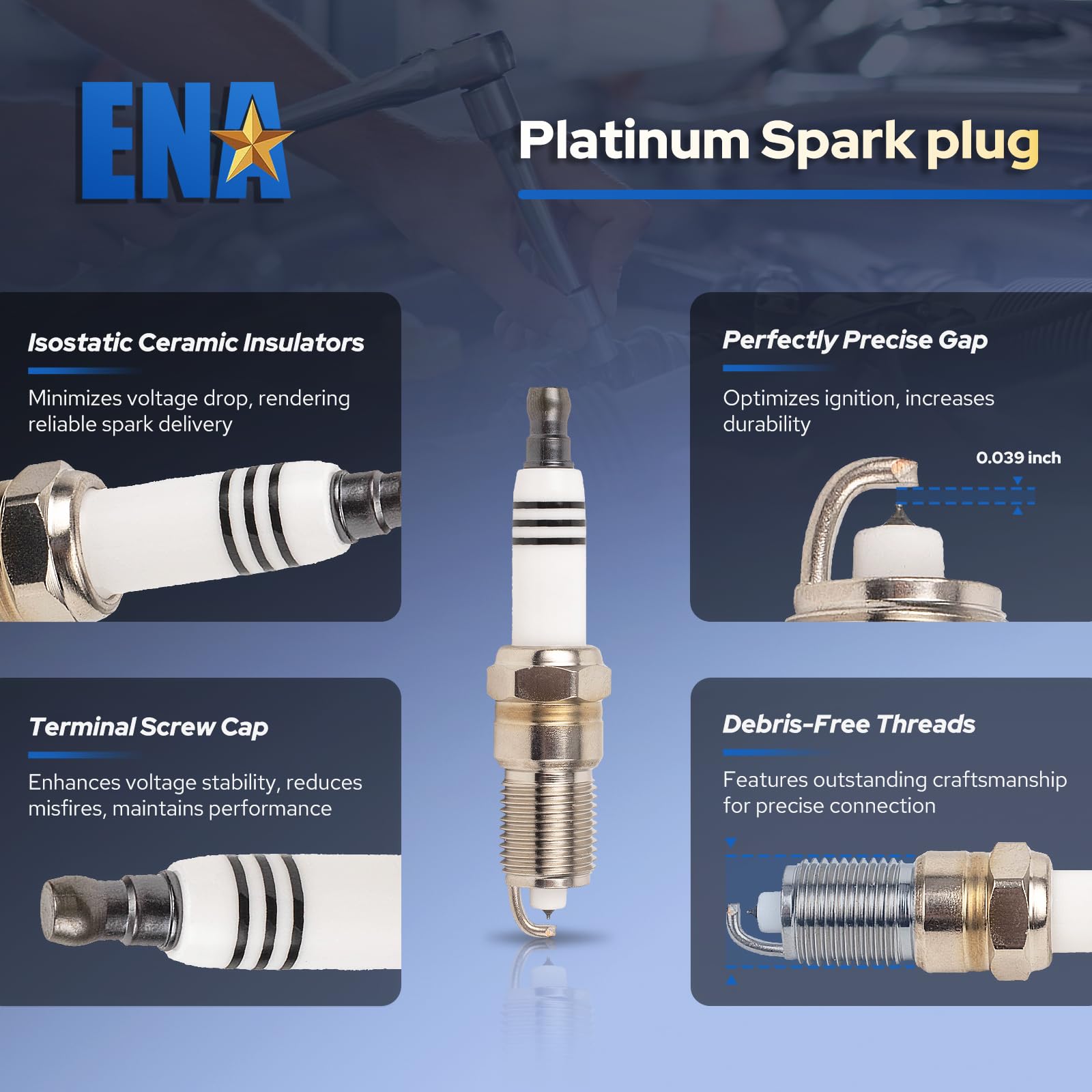 ENA spark plug thread and 16mm hex visible aiding correct tool selection