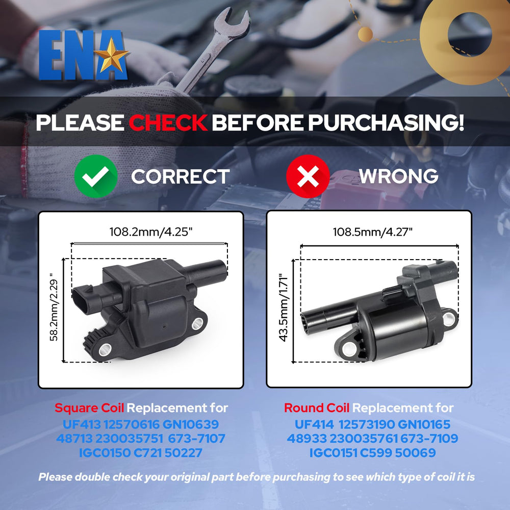 ENA square UF413 coil close-up highlighting OE-fit design benefit