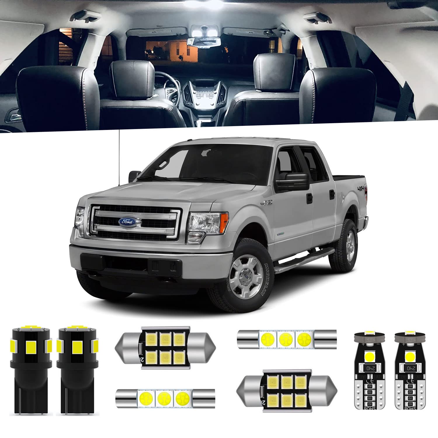 ENDPAGE front packaging showing complete F-150 9-piece LED kit and tools for easy upgrade
