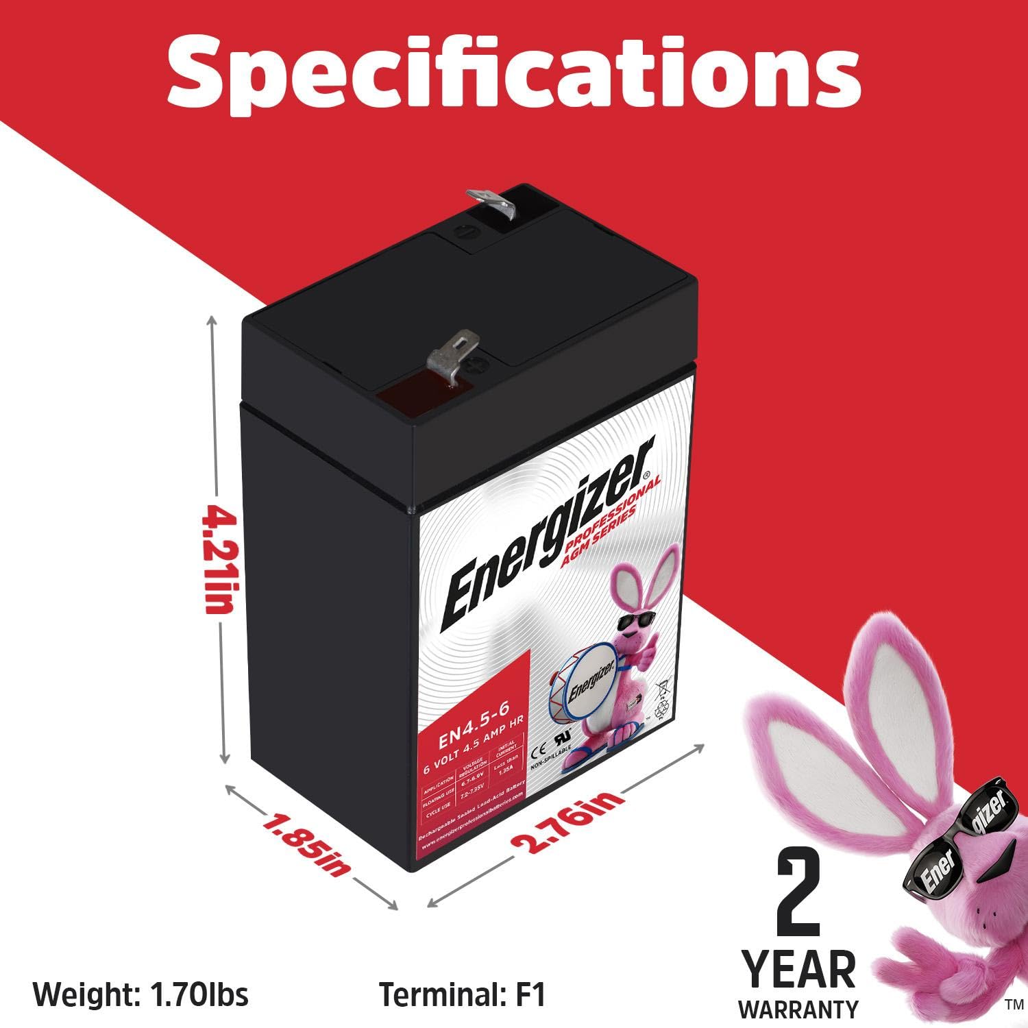 Energizer battery top terminals closeup with F1 connectors for fast hook-up