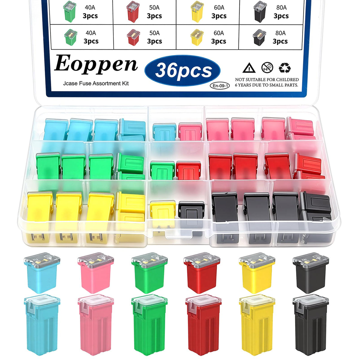 Eoppen front packaging showing organized fuse case and benefits of compact storage