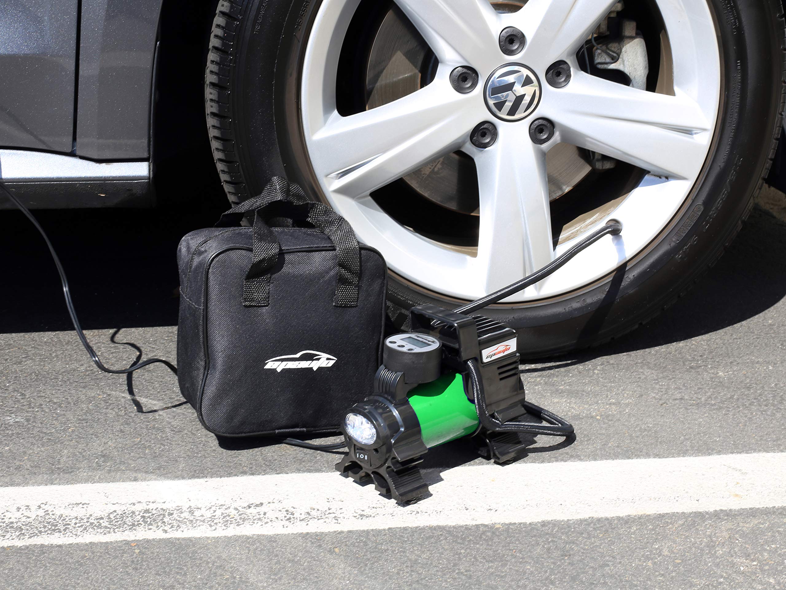 EPAuto inflator in use on car tire demonstrating quick roadside inflation benefit