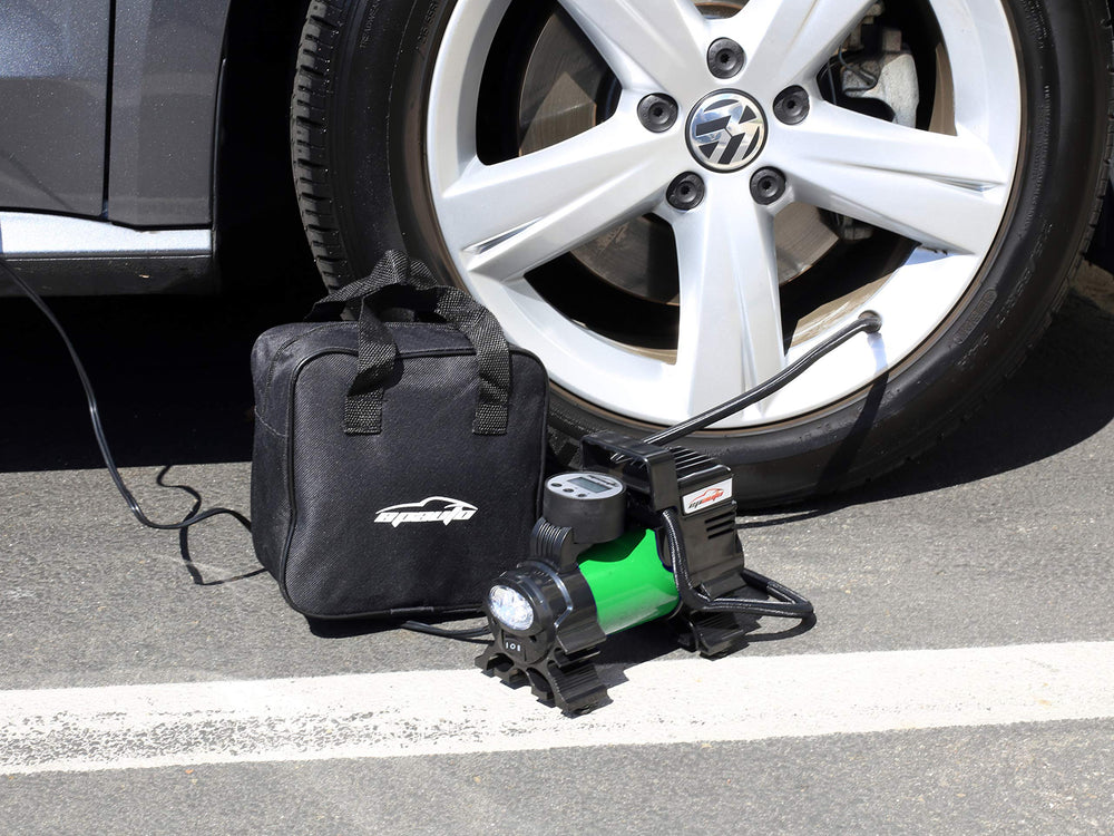 EPAuto inflator in use on car tire demonstrating quick roadside inflation benefit
