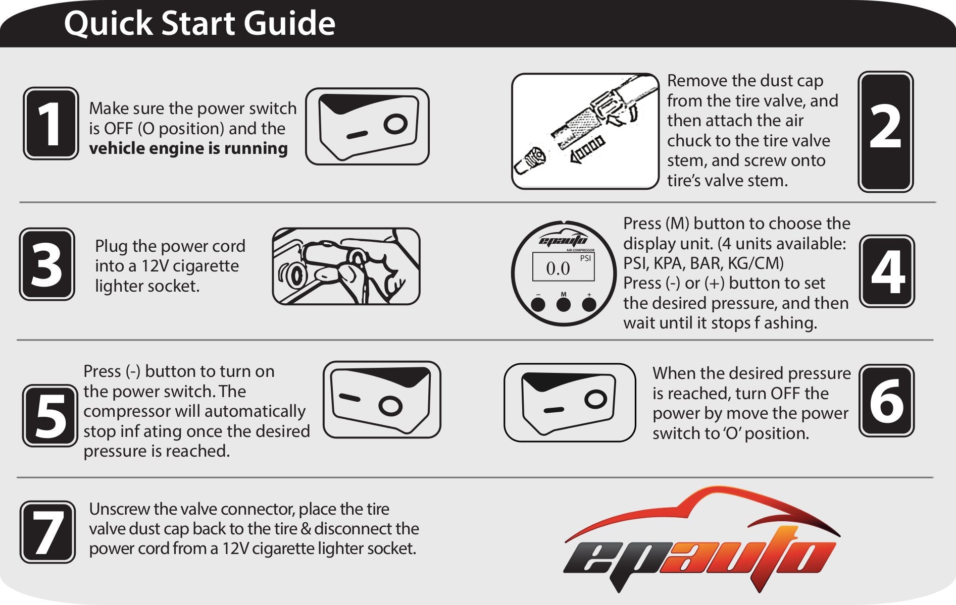 EPAuto inflator connected to car tire demonstrating fast, accurate inflation