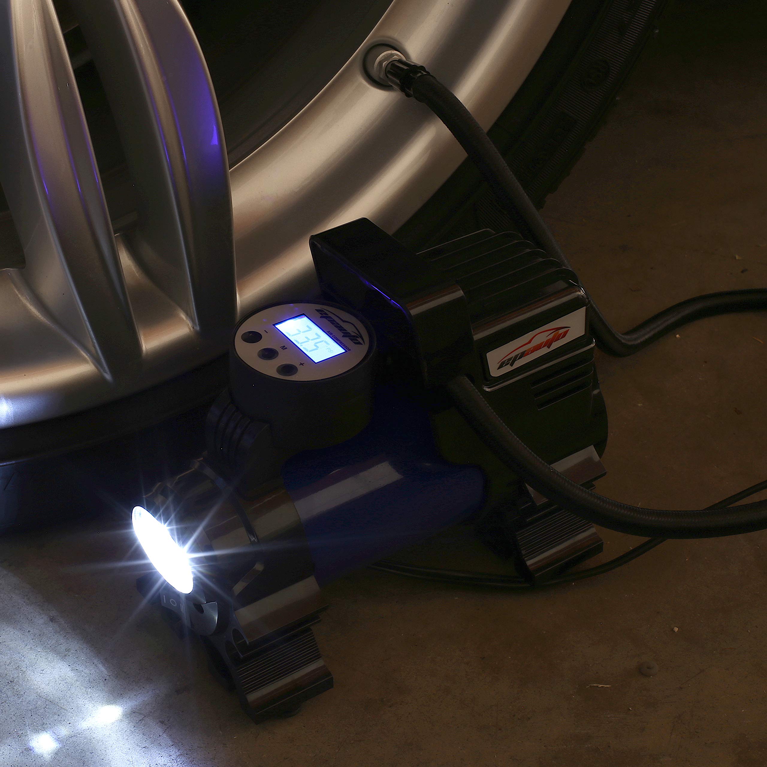 EPAuto inflator in use on car tire providing fast inflation and convenience
