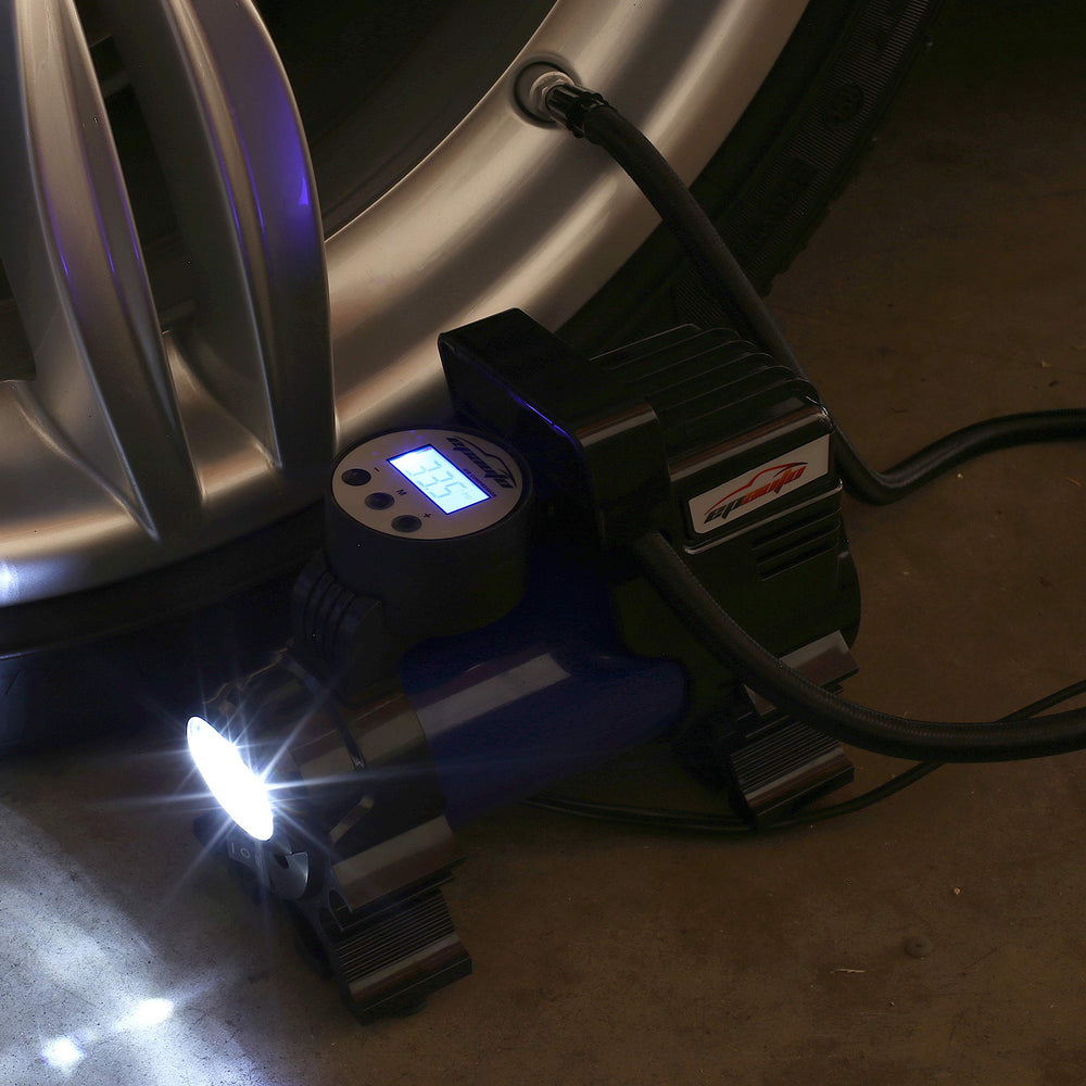 EPAuto inflator in use on car tire providing fast inflation and convenience