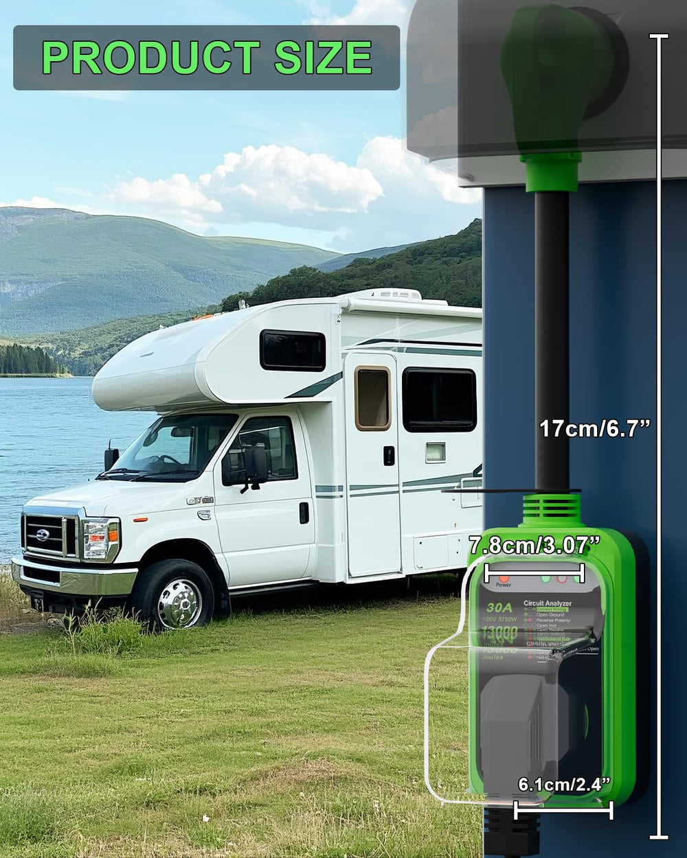 EPLCSE plugged into campground pedestal demonstrating secure outdoor use