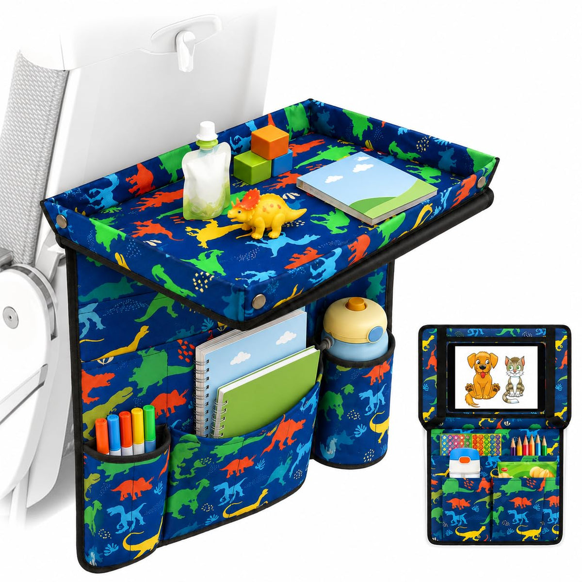 EpoBob front view dinosaur tray cover showing organized travel surface benefit