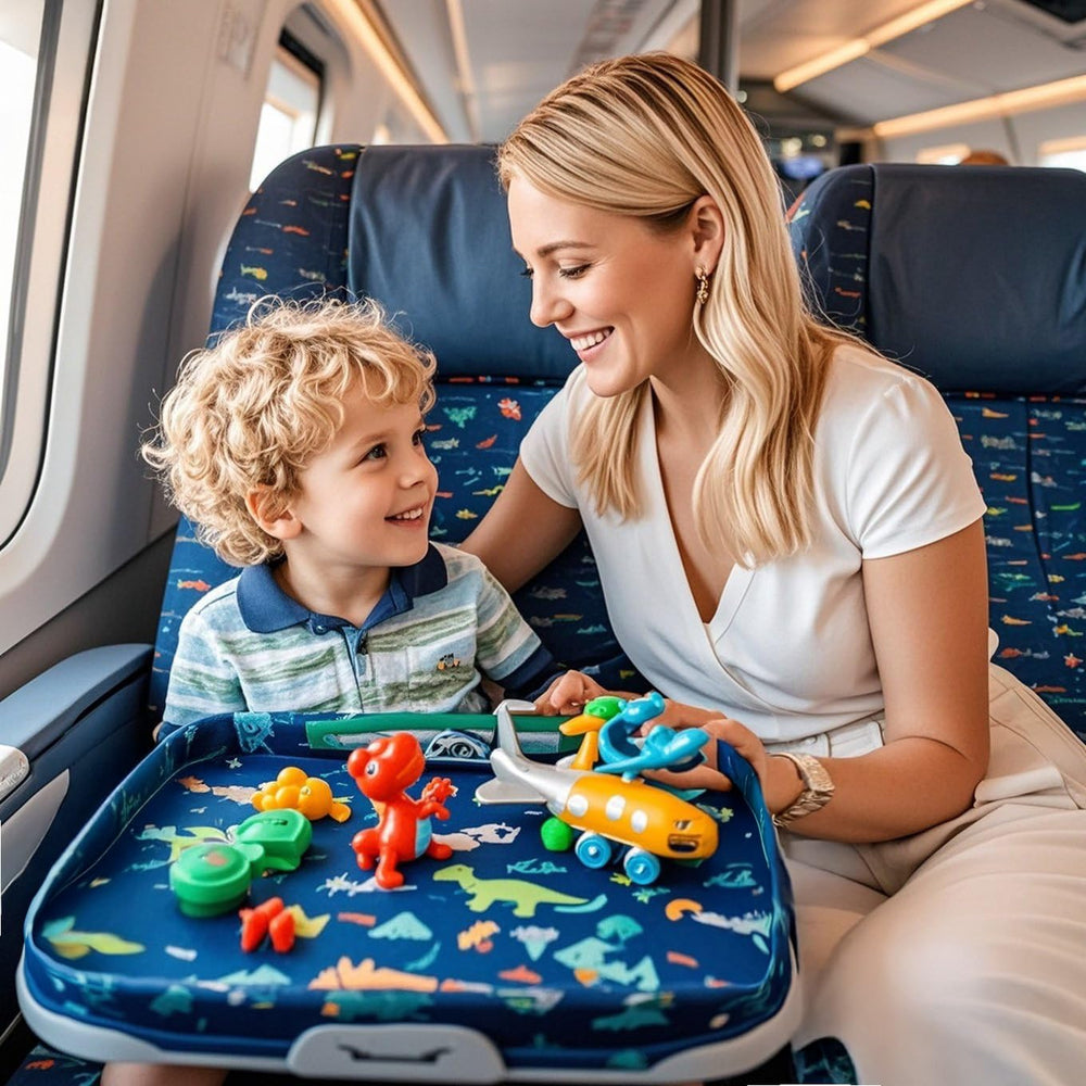 EpoBob in use on airplane tray keeping snacks and tablet contained