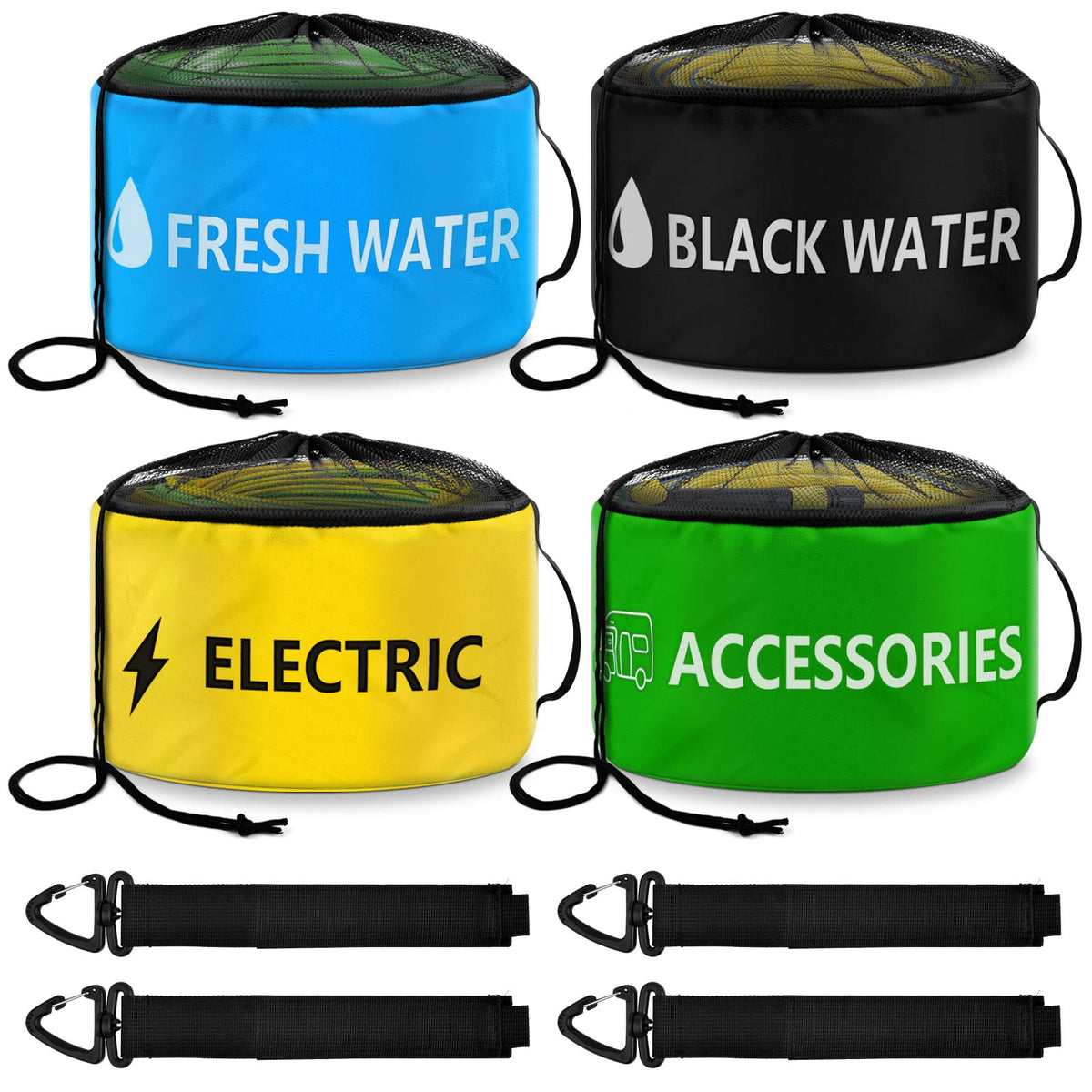 ERKOON front view of four color-coded storage bags showing quick identification benefit