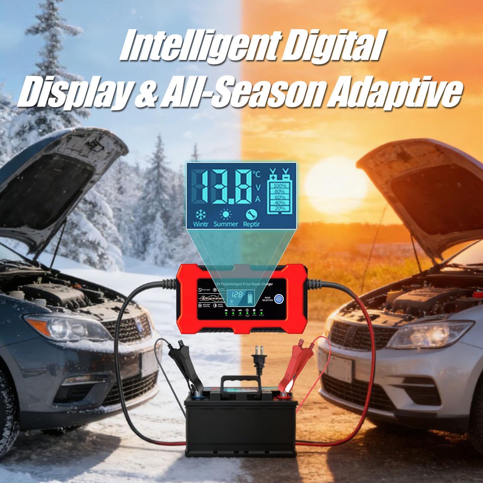 ERKUOMR connected to car battery in garage for reliable charging and maintenance