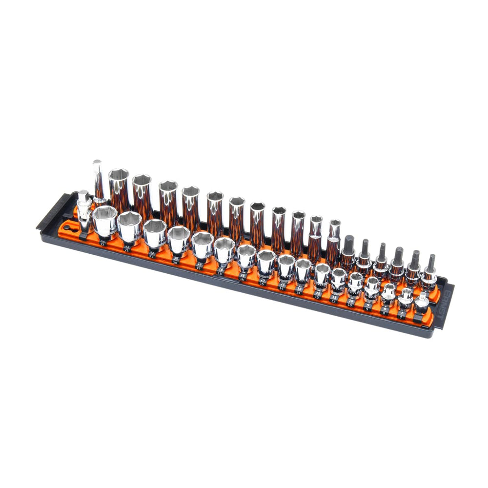 Ernst Manufacturing 8486 front view orange tray shows secure socket storage benefit