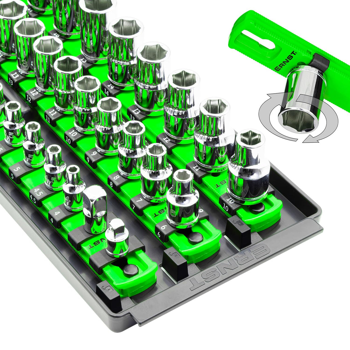 Ernst Manufacturing front view of socket boss tray showing compact organization