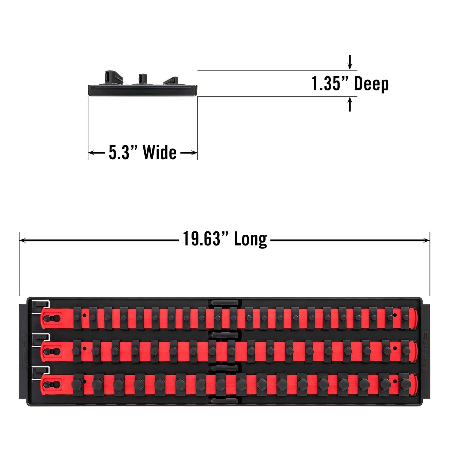 Ernst Socket Boss red SAE and blue metric rails demonstrating visual separation benefit