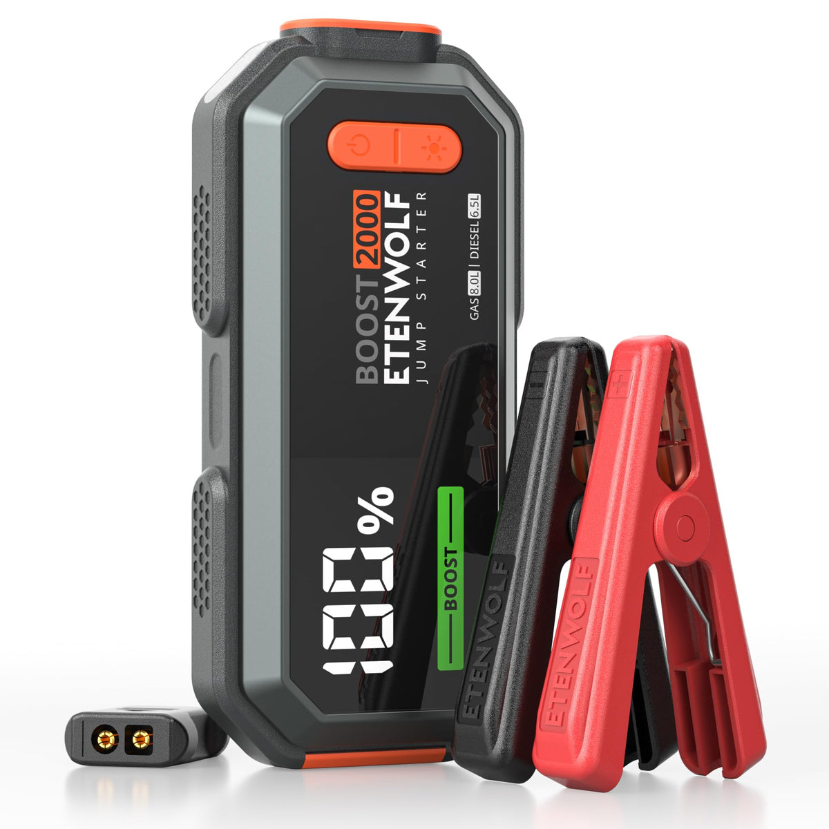ETENWOLF jump starter front view showing ports and compact design for reliable starts