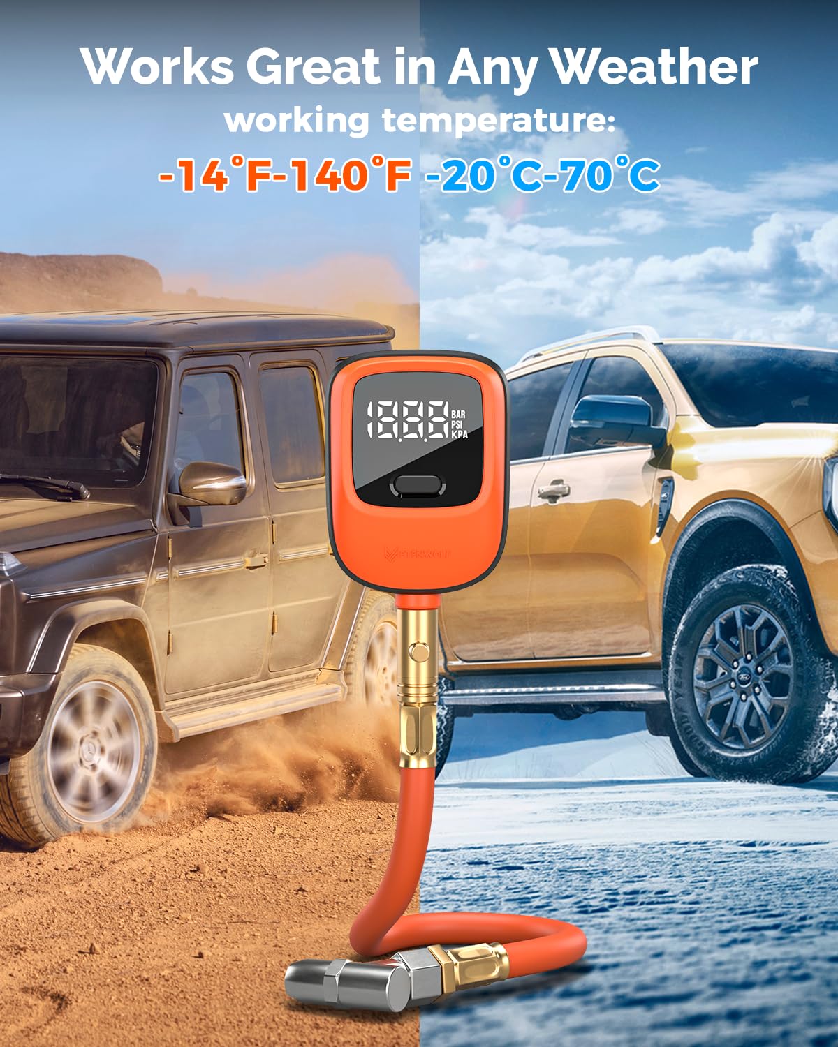 ETENWOLF gauge attached to a truck tire demonstrating on-vehicle use and accuracy