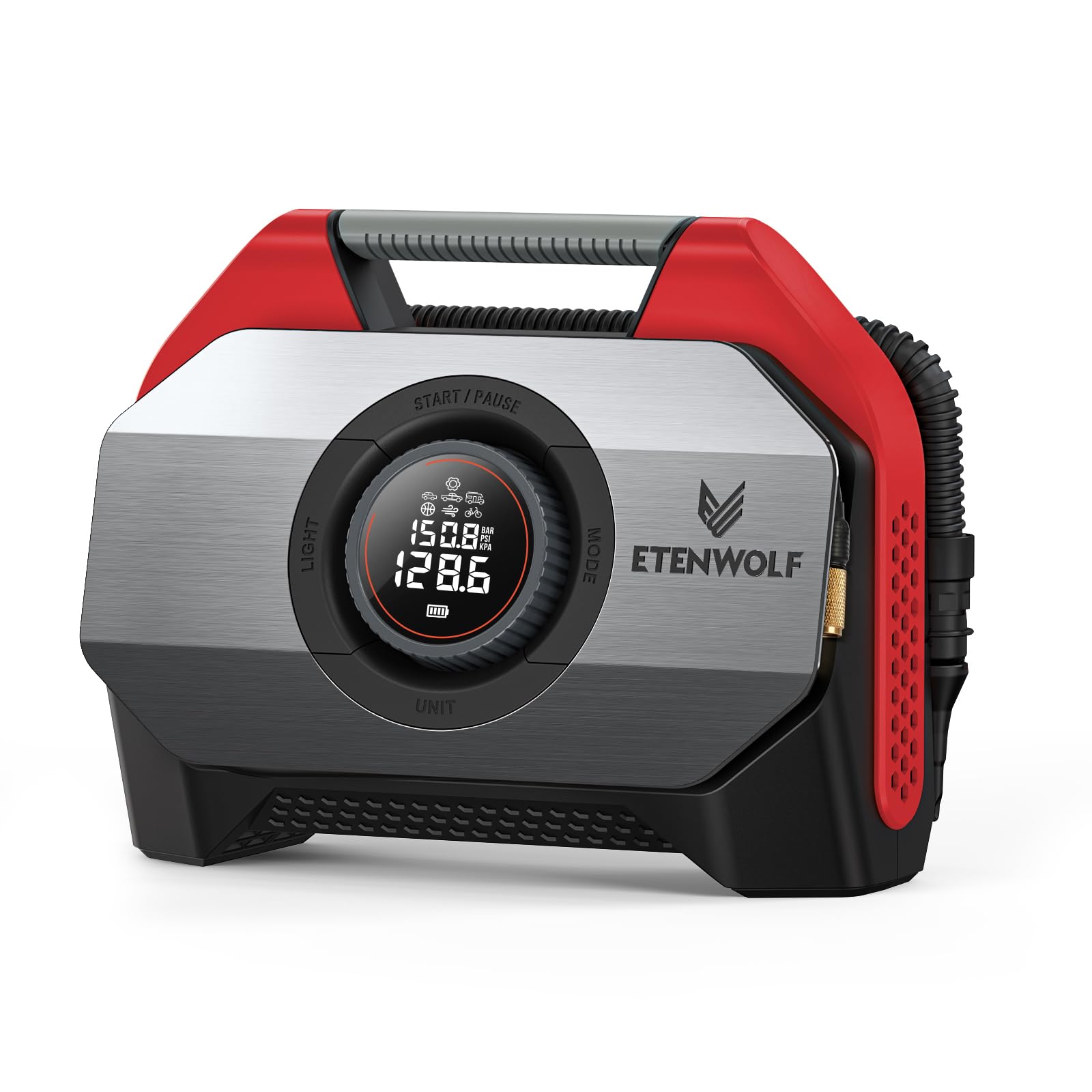 ETENWOLF Vortex S6 front view showing compact portable compressor and handle for easy transport