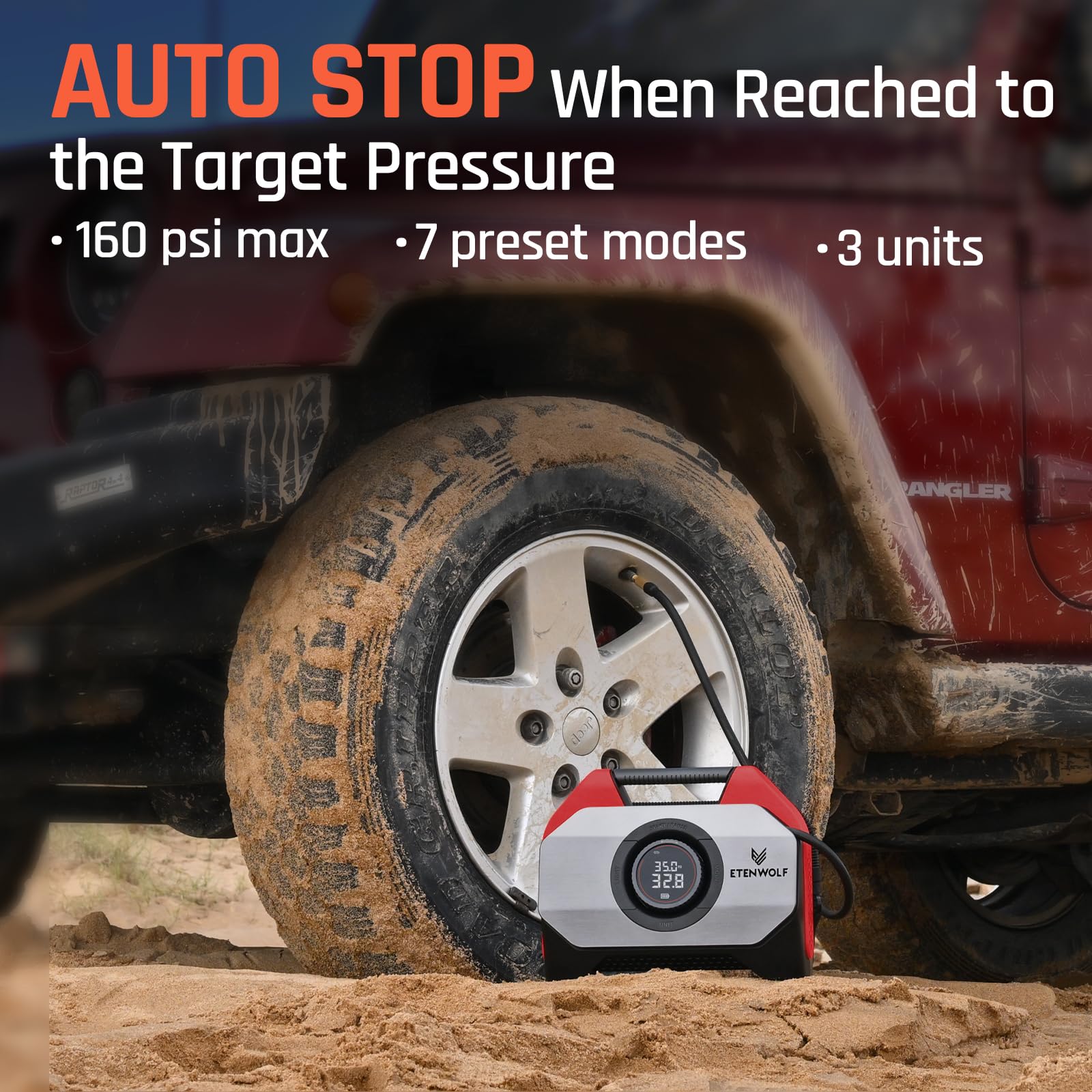 ETENWOLF Vortex S6 connected to a truck tire demonstrating fast heavy-duty inflation
