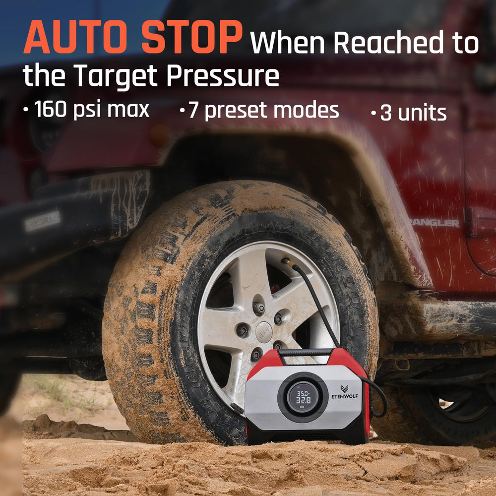 ETENWOLF Vortex S6 connected to a truck tire demonstrating fast heavy-duty inflation