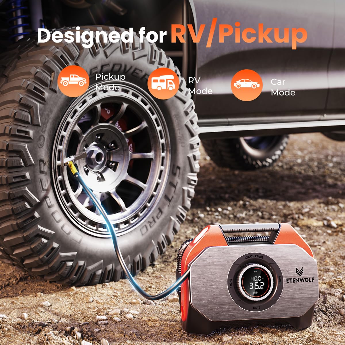 ETENWOLF inflating a pickup truck tire quickly for roadside readiness