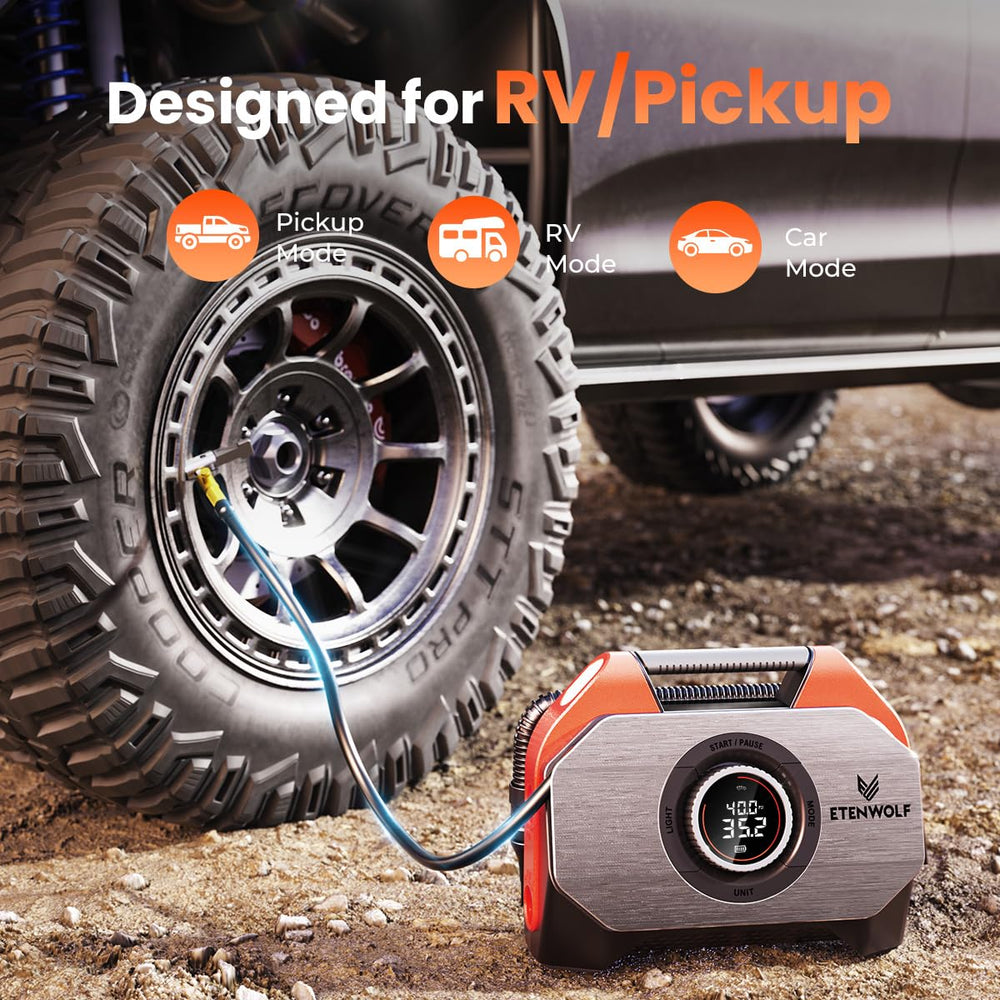 ETENWOLF inflating a pickup truck tire quickly for roadside readiness