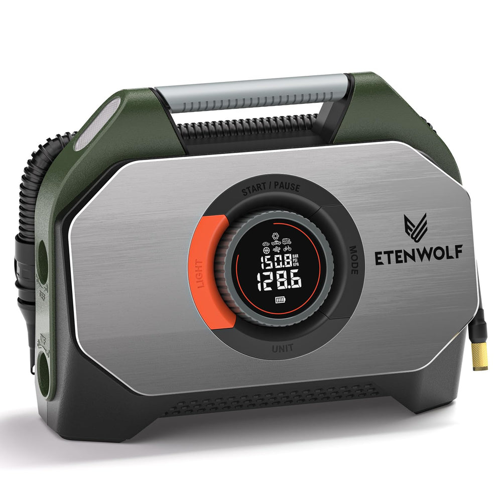 ETENWOLF VORTEX S7 front view showing compact heavy-duty inflator and portability