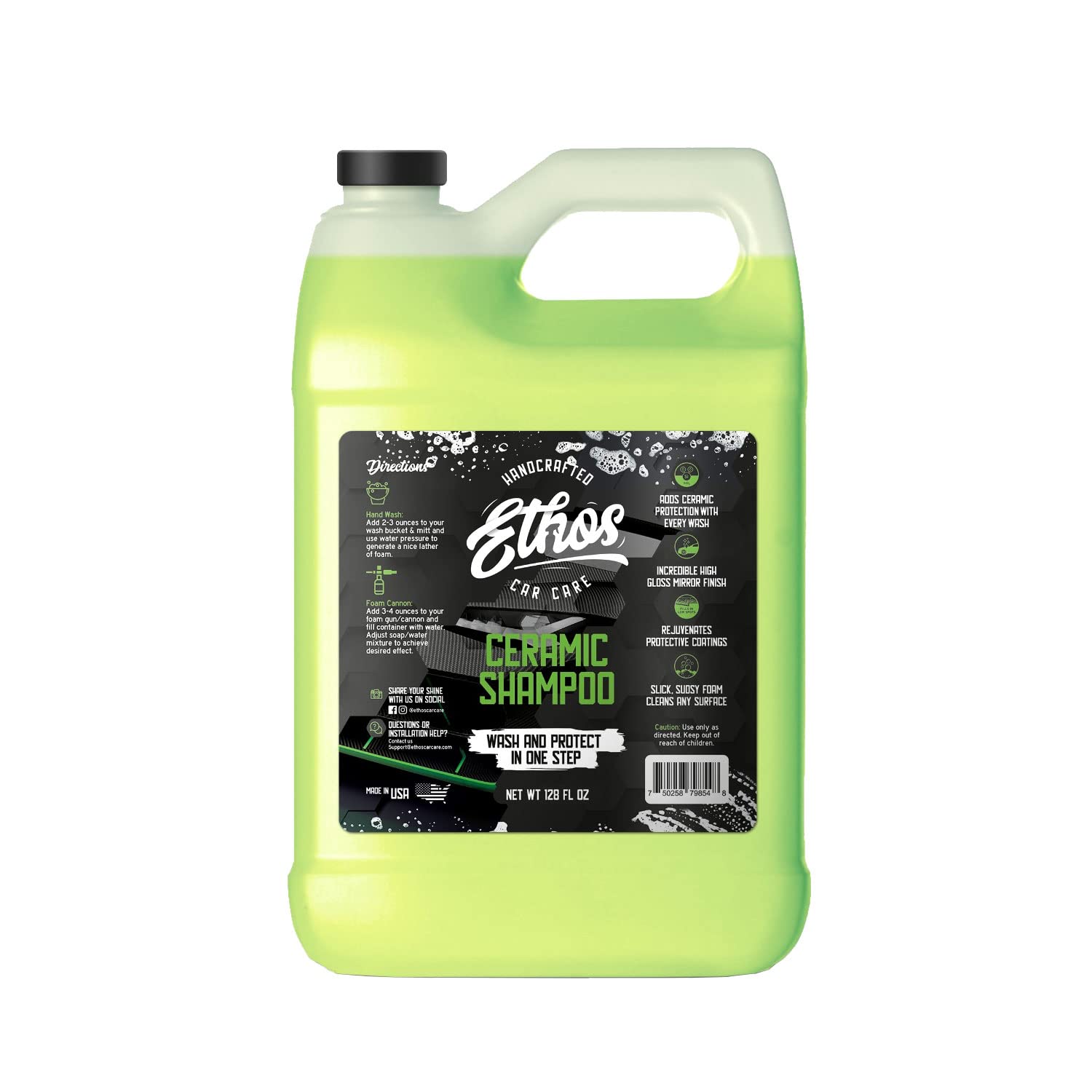 Ethos Handcrafted Car Care front bottle showing product and usage benefits