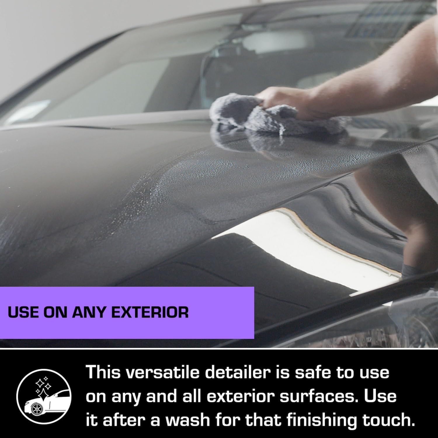 Ethos Handcrafted Car Care on glass being wiped for streak-free clarity