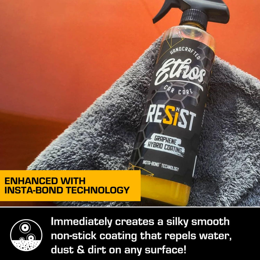 Ethos Handcrafted Car Care with microfiber towels and applicator demonstrating simple kit benefit
