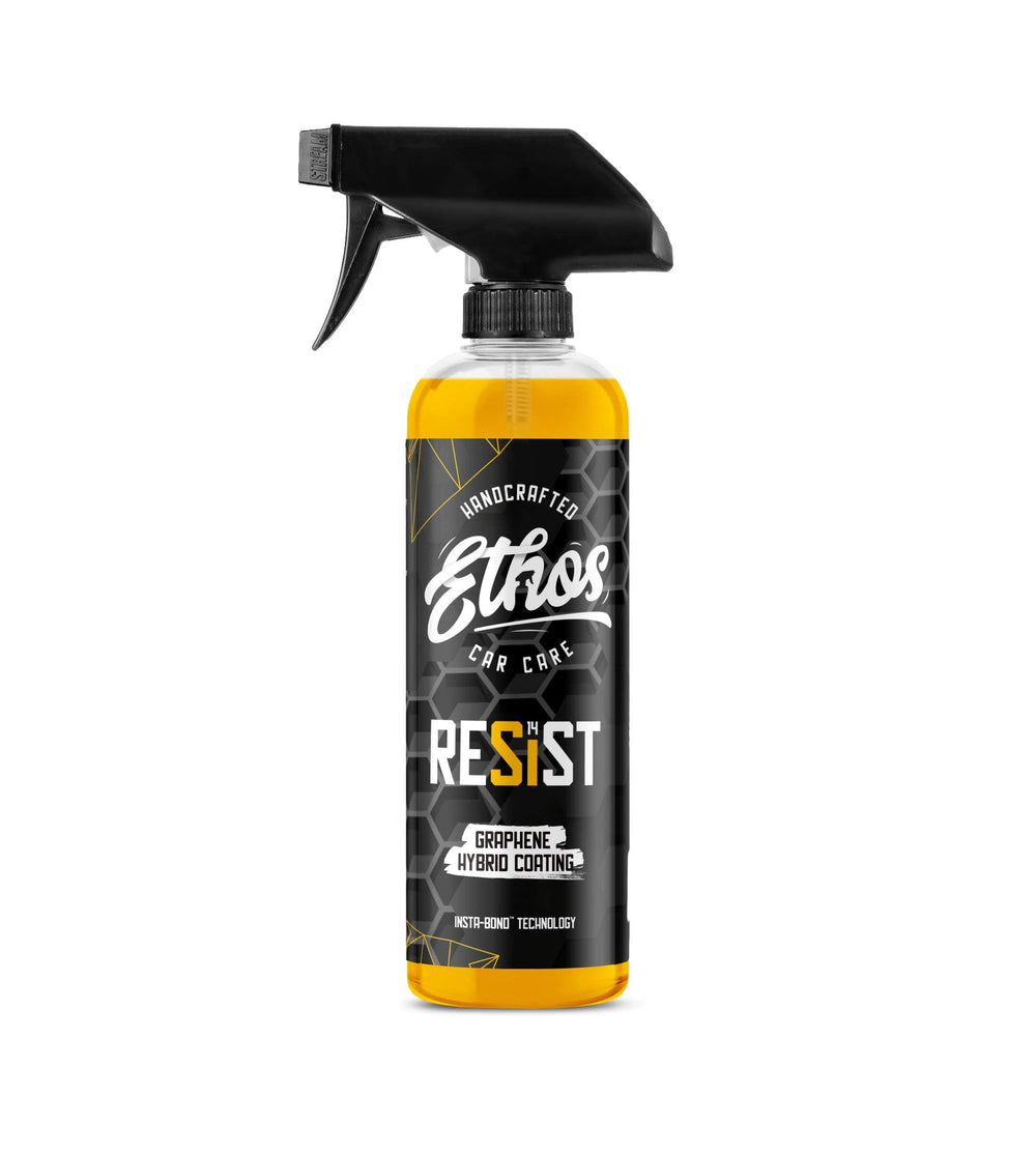 Ethos Handcrafted Car Care front bottle view showing label and benefit of quick protection