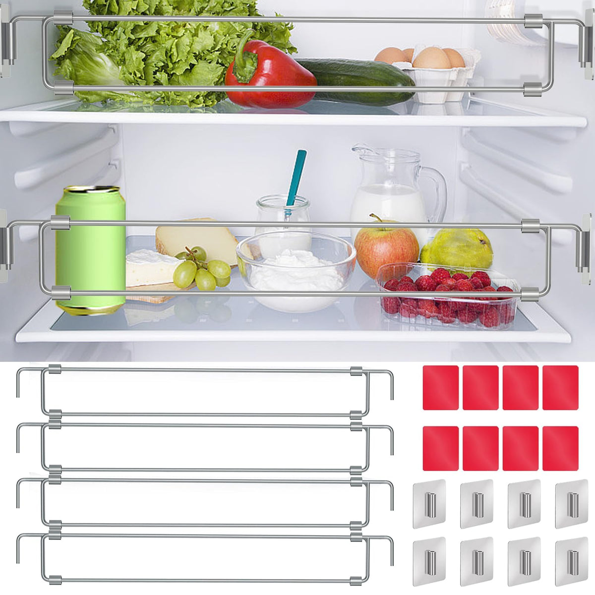 Eudaemiles front packaging with four adjustable RV fridge bars showing durability benefit