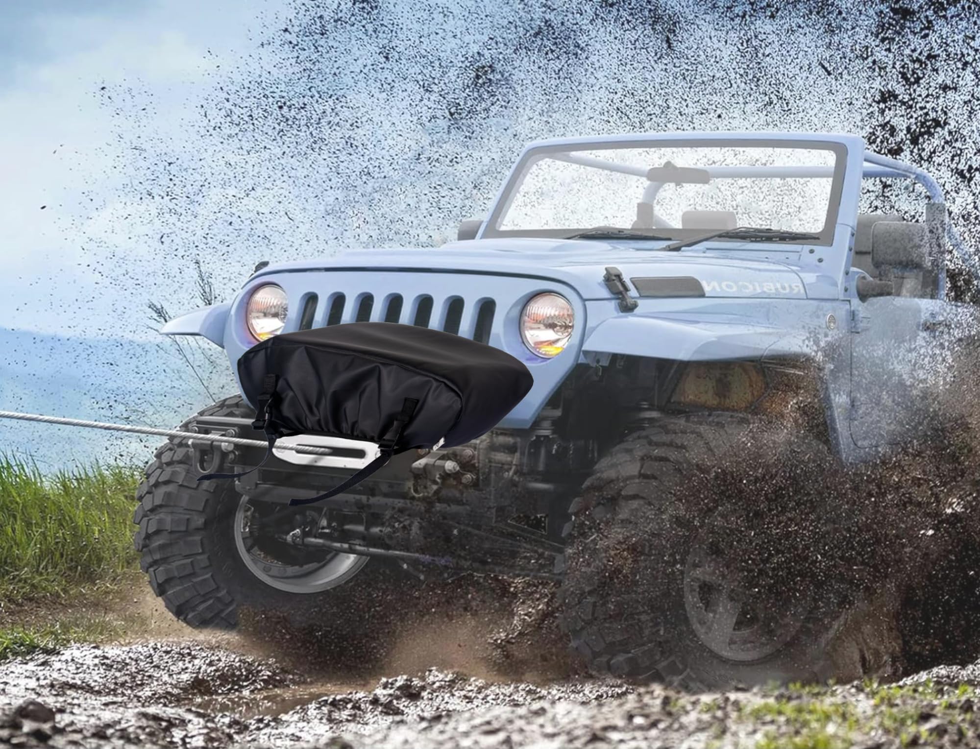 Eudora winch cover on an ATV in a field illustrating weather protection during outdoor storage