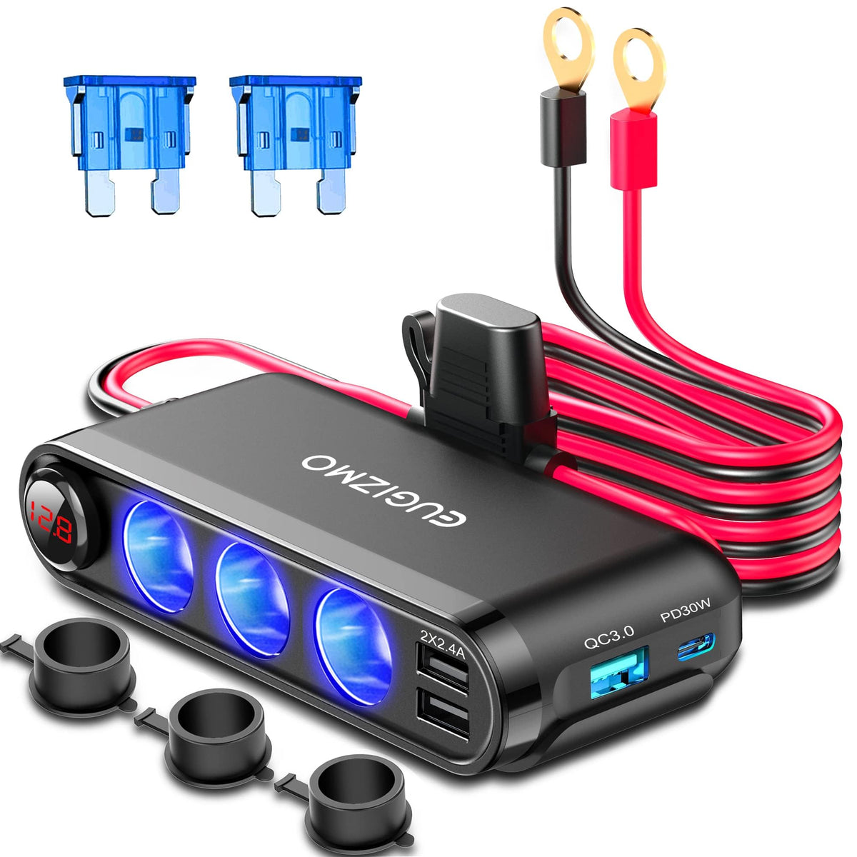 EUGIZMO front view showing three 12V sockets and ports for organized power