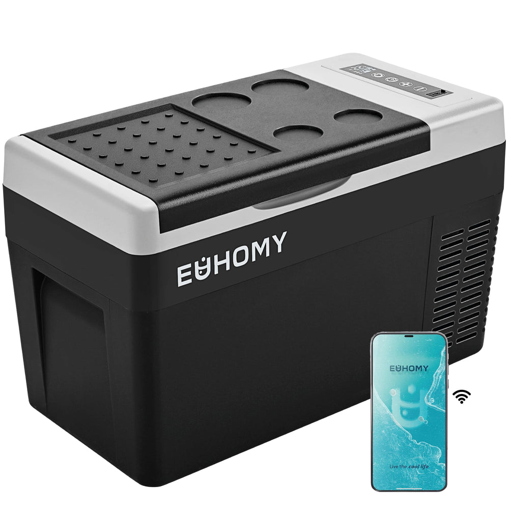 EUHOMY front view of 26QT fridge showing compact portable design and quick cooling benefit
