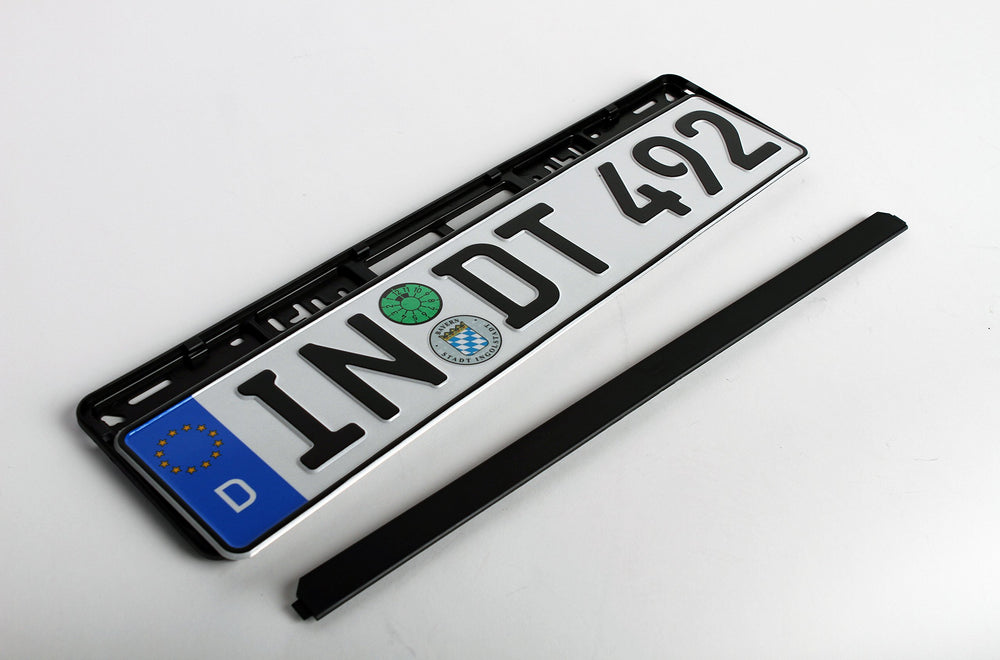 European License Plates installed on bumper demonstrating secure hold and neat appearance