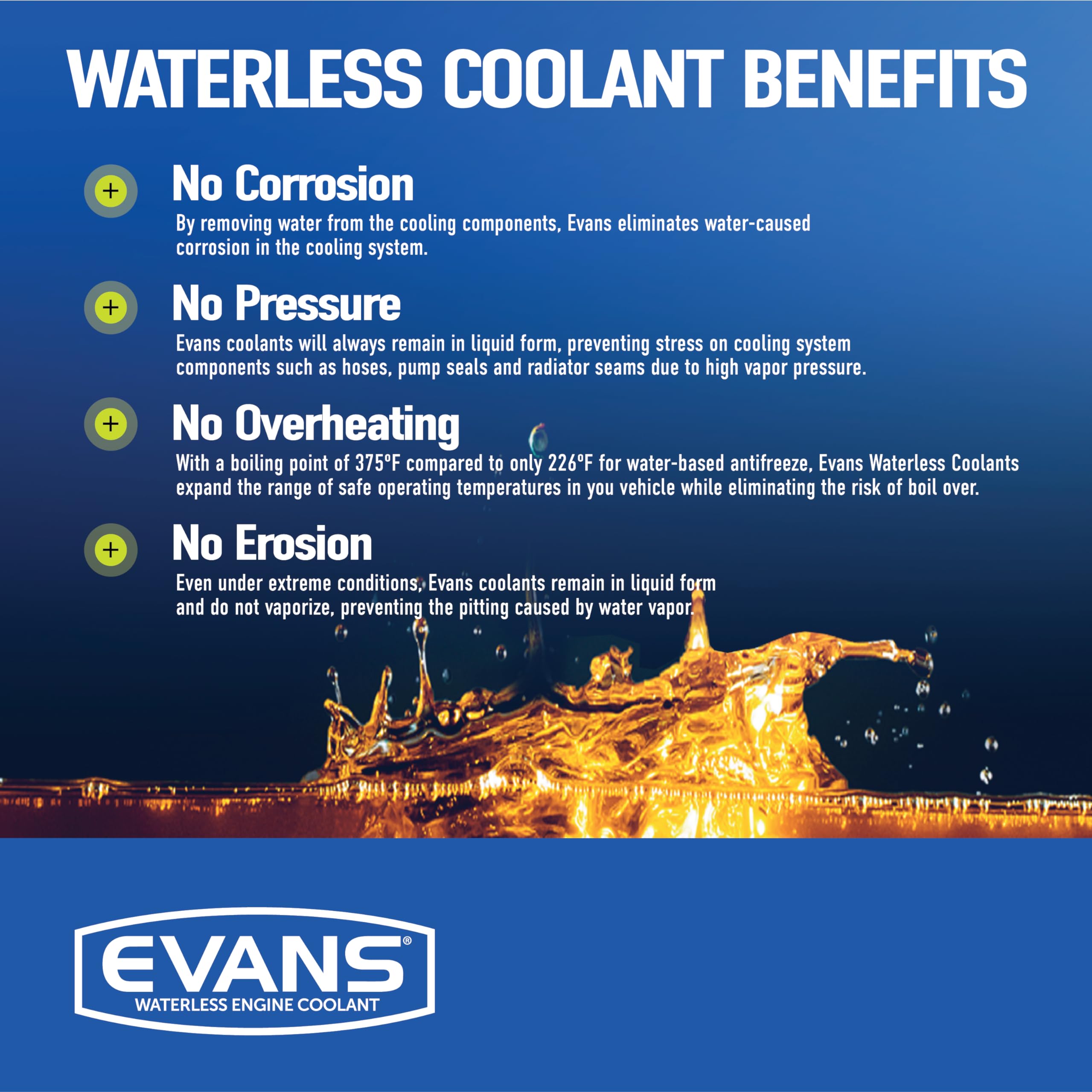 EVANS liquid surface close-up showing stable, non-vaporizing coolant benefit