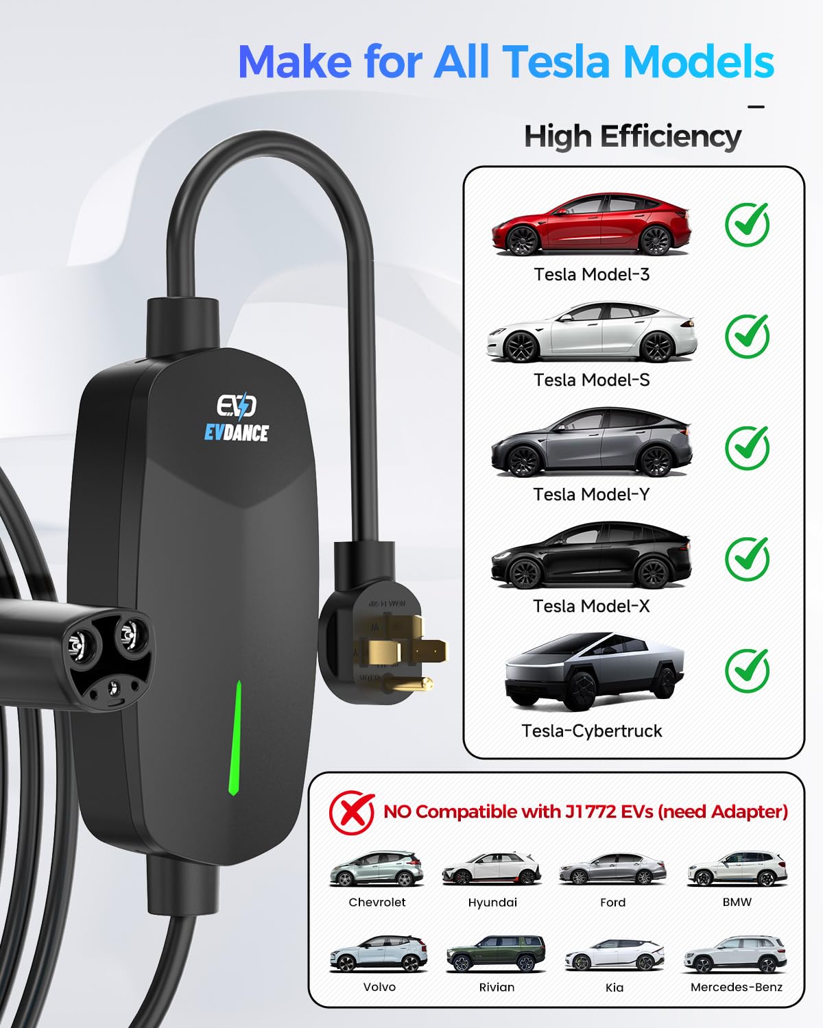 EVDANCE long 25-foot cable stretched to show flexible parking reach and convenience