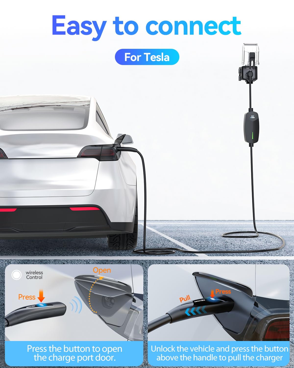 EVDANCE charger plugged into Tesla charge port demonstrating quick charging readiness