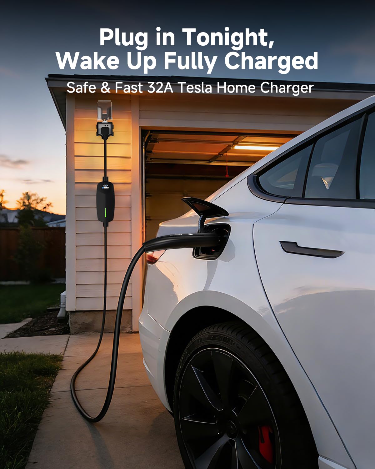 EVDANCE charger next to a Tesla in driveway showing everyday residential charging benefit
