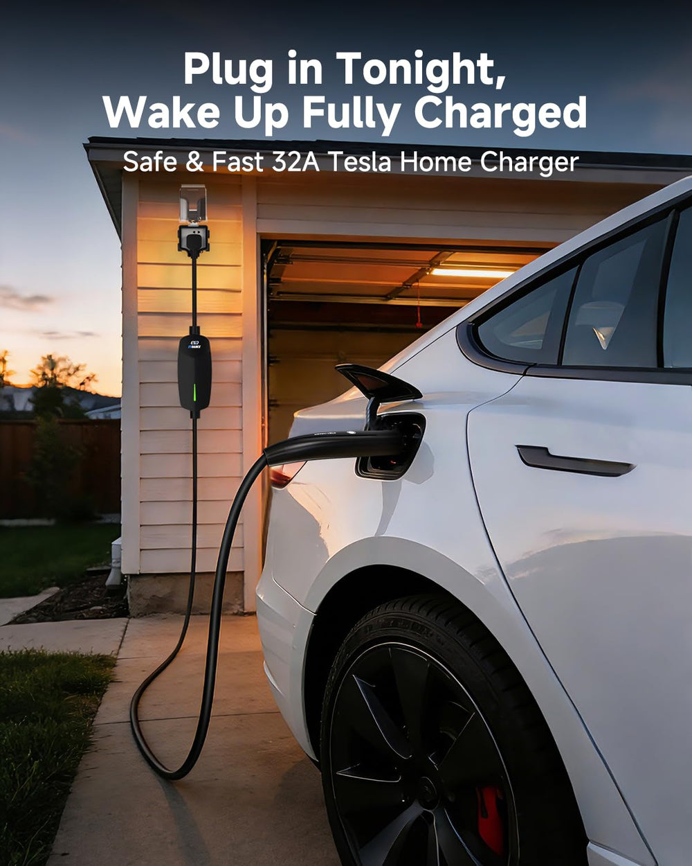 EVDANCE charger next to a Tesla in driveway showing everyday residential charging benefit