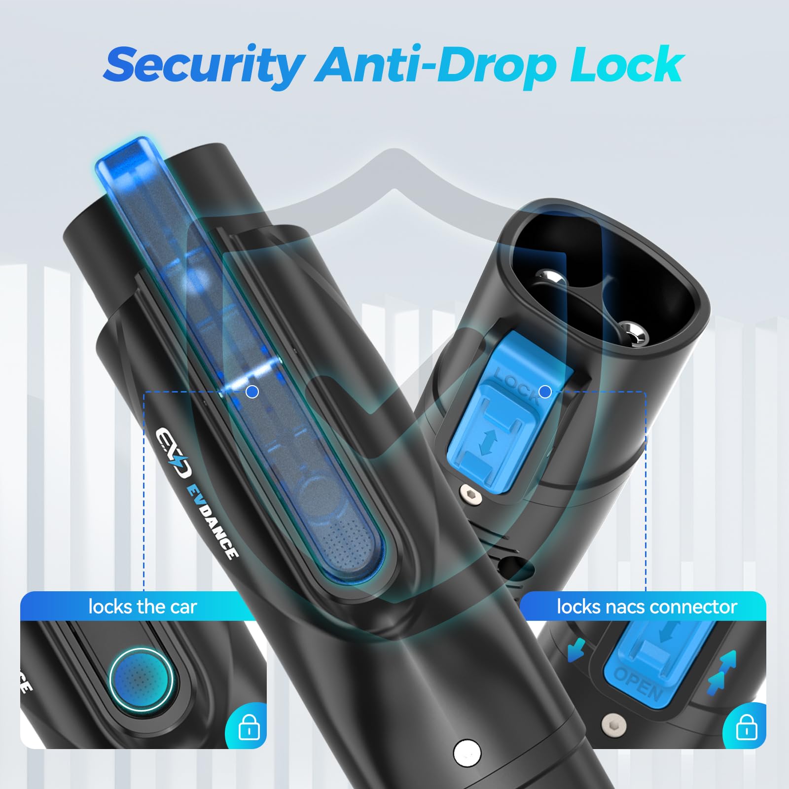 EVDANCE J1772 plug detail showing secure contact points for reliable charging