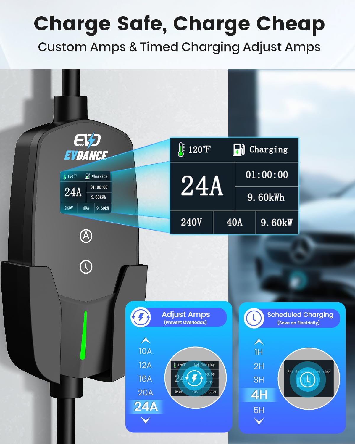 EVDANCE smart display showing voltage and current to monitor charging sessions clearly