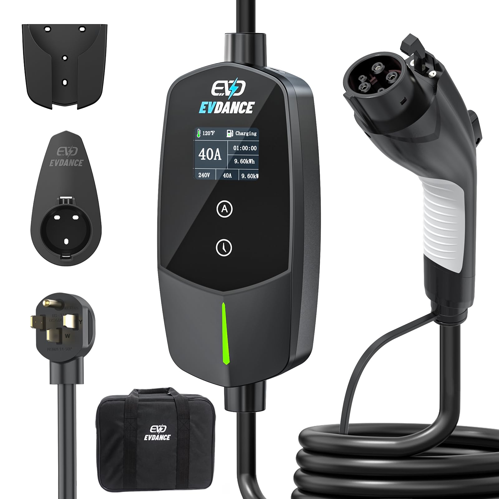 EVDANCE front product overview showing compact portable charger and benefits