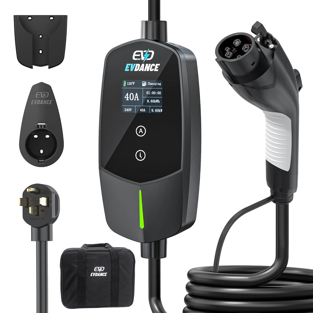 EVDANCE front product overview showing compact portable charger and benefits