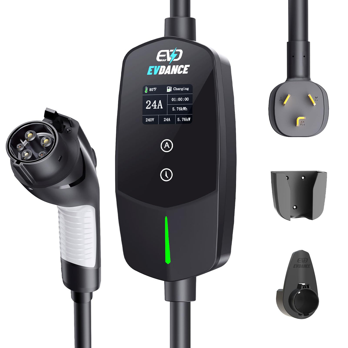 EVDANCE front-mounted charger showing compact design and fast home charging benefits