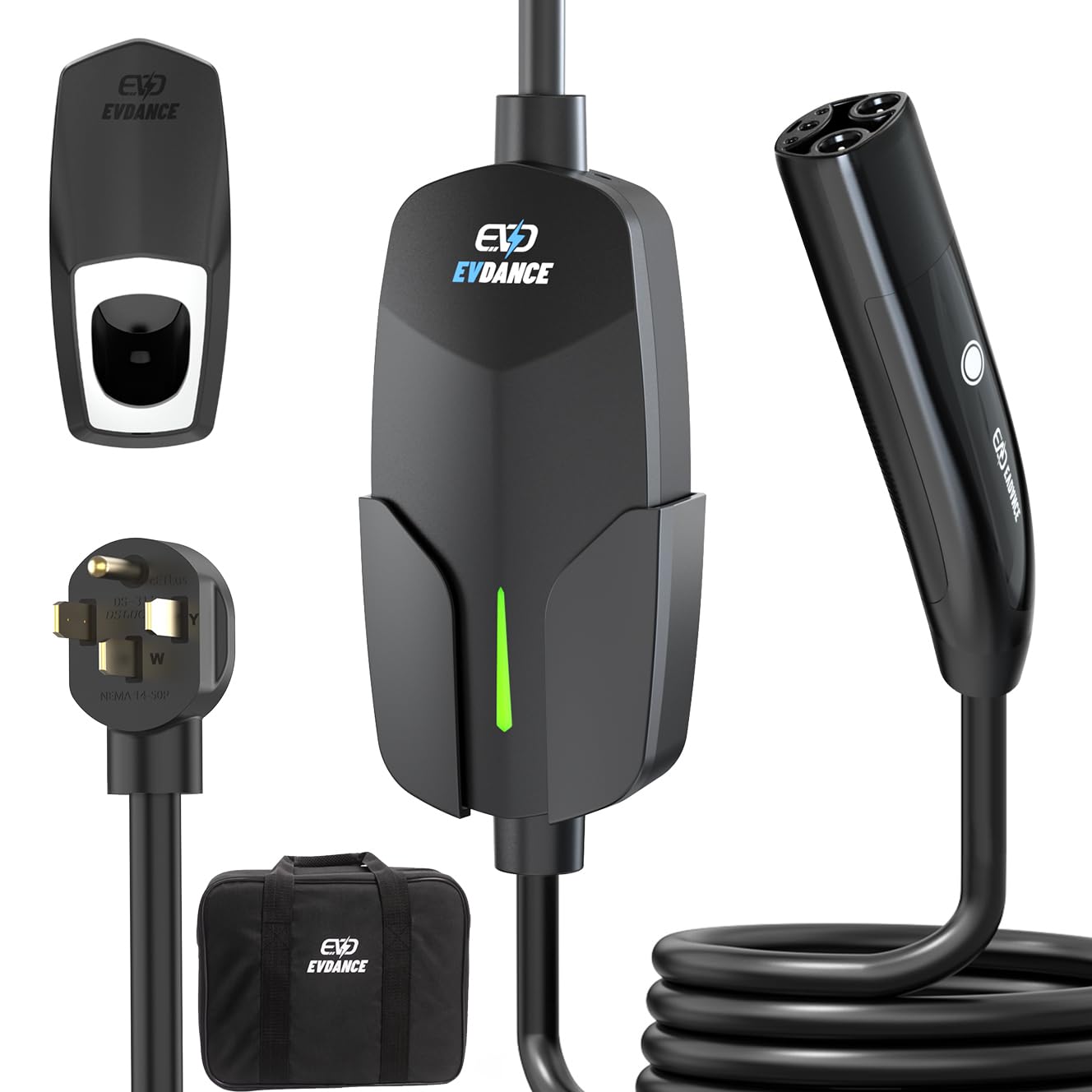 EVDANCE front view of portable 32A charger showing robust housing and ease of use