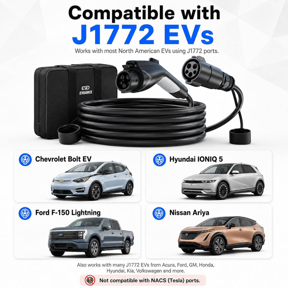 EVDANCE cable plugged into EV in garage demonstrating convenient placement